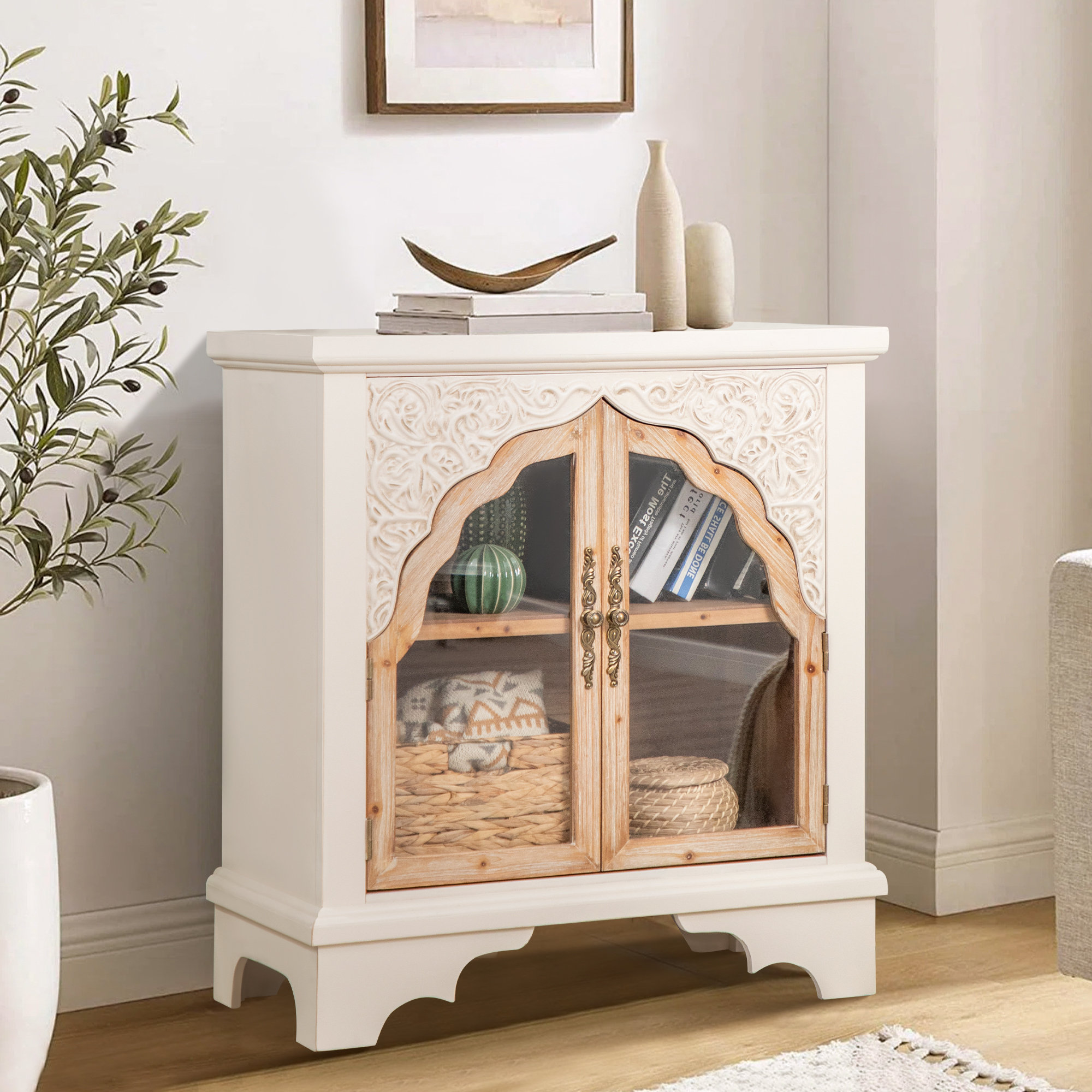 Ophelia & Co. Olcott 2-Door Solid Wood Accent Cabinet with Acrylic